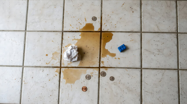 A spilled soda can and a blue bottle cap on a dirty white tiled kitchen floor