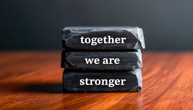 Together we are stronger text on stacked slate blocks resting on a dark wooden surface