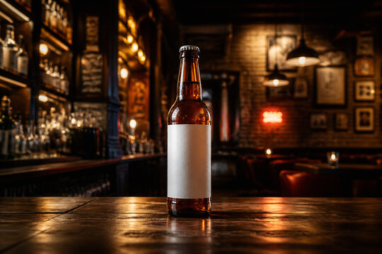A bottle of beer sits on a dark wooden bar in a dimly lit, rustic pub interior.
