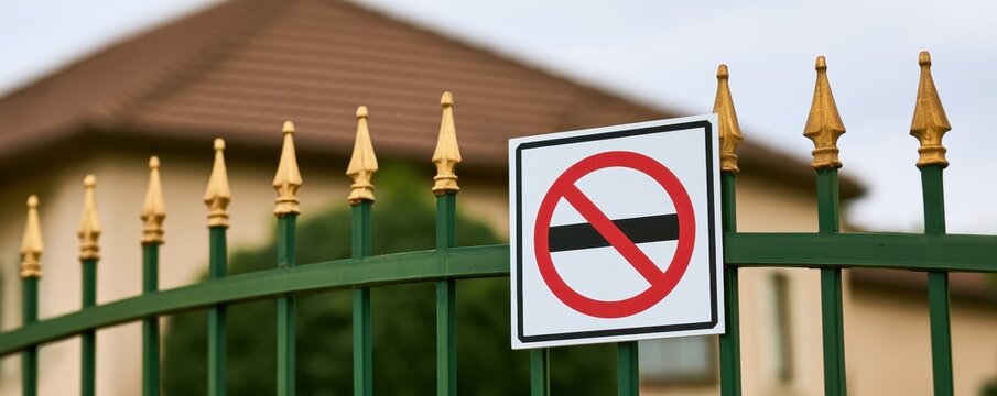 Metal fence with golden spear tips and a white prohibition sign attached in front of a residential house