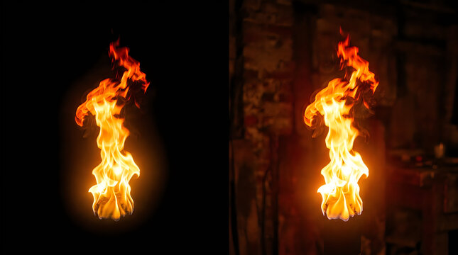 Bright orange flames burning against a dark background creating a dramatic and intense fire effect for design