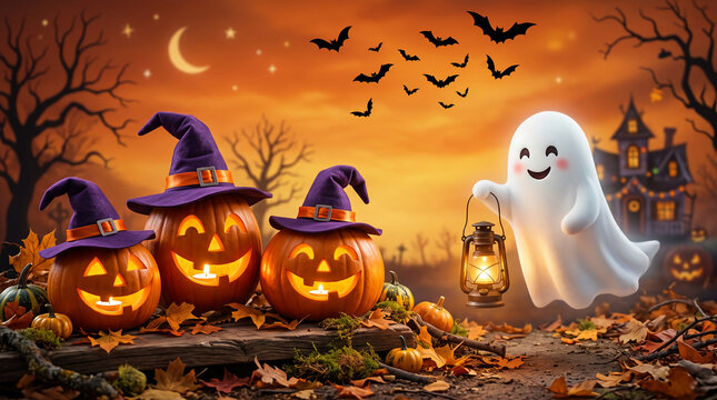 Spooky Halloween scene with glowing jack-o'-lanterns, a friendly ghost holding a lantern, and bats flying across an orange sky
