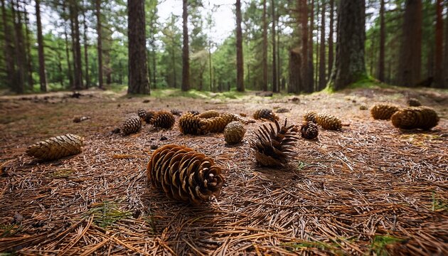 a photo of pine cones scattered on the forest floor fallen from a towering evergreen tree