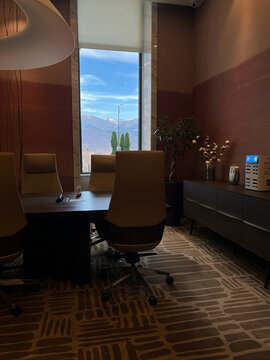 Modern conference room featuring a large wooden table and ergonomic chairs, with a window showcasing a mountain view. Decorative plants enhance the professional atmosphere.