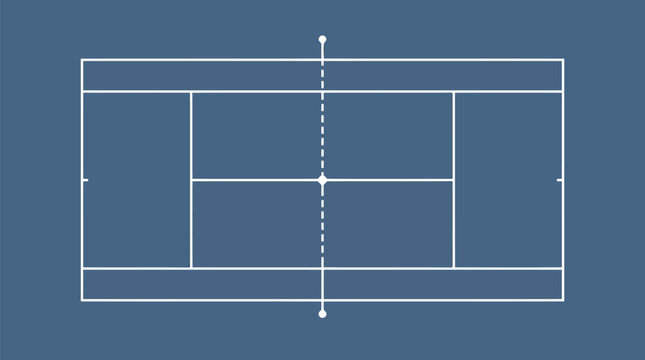 Vector illustration of a professional tennis court layout with white lines on blue background