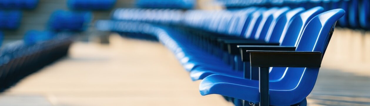 Blue stadium seats arranged in a row inside an empty sports arena with blurred background