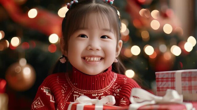 A smiling young child with dark hair wearing a red sweater sits with Christmas gifts in front of a Christmas tree, decorated with lights and ornaments, creating a warm, festive atmosphere.