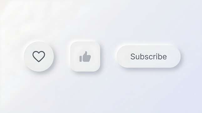 Soft UI design buttons including like, love, and subscribe actions for web or app interfaces.