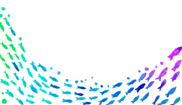 Watercolor underwater fish frame, transparent PNG, tropical ocean border with seaweed, marine life background, copy space / 水彩 海中 魚 フレーム 透過PNG 熱帯魚 海藻 海 洋風 背景素材 コピースペース 魚の群れ