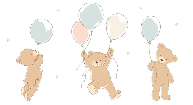 Cute Vintage Teddy Bear Vector Illustration Set with Balloon for Baby Nursery and Kids Design
