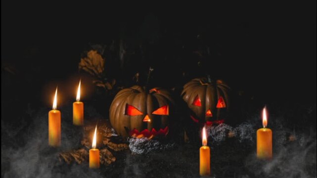 A spooky and atmospheric Halloween night scene. Two carved pumpkins&mdash;Jack-o'-lanterns&mdash;serve as the focal point, featuring eerie, glowing carved faces, each radiating a warm orange light from within.