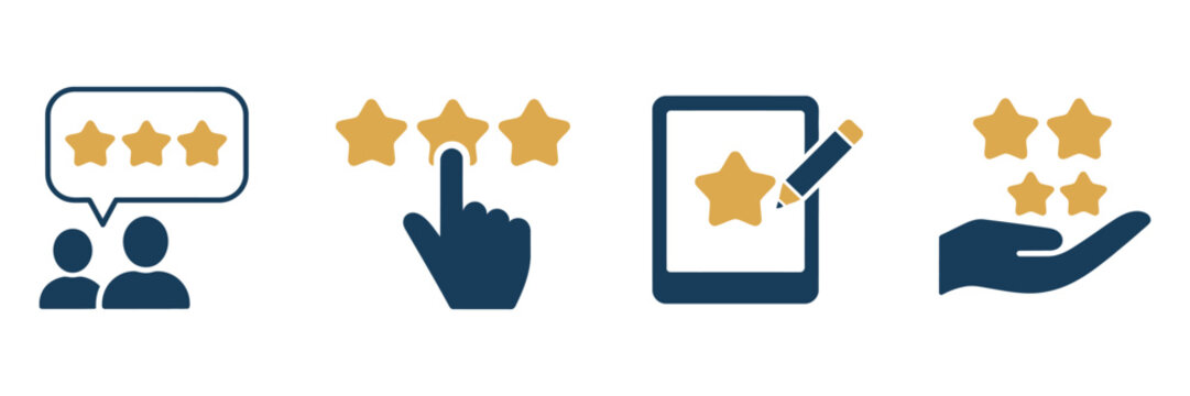 Customer feedback star rating icon set. User review symbol. Vector pictogram for service quality ranking, customer experience evaluation, testimonial, opinion survey and client satisfaction UI design.