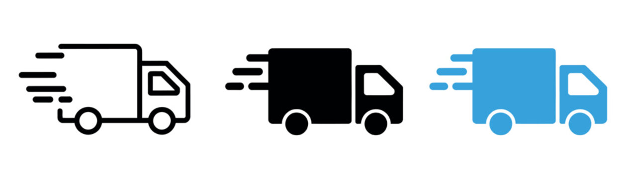 Fast delivery truck icon set. Express shipping symbol. Vector pictogram for logistics, cargo transport, fast order tracking, e-commerce dispatch, freight distribution and supply chain UI design.