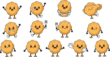 Fototapeta premium Set of cute brown cookie cartoon characters with various facial expressions and poses, isolated on a white background, for food and, snack related projects