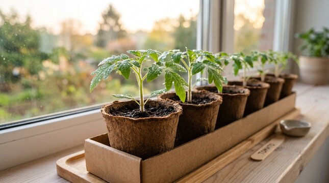 Vibrant young tomato seedlings thriving in biodegradable pots on a sunlit windowsill a symbol of
