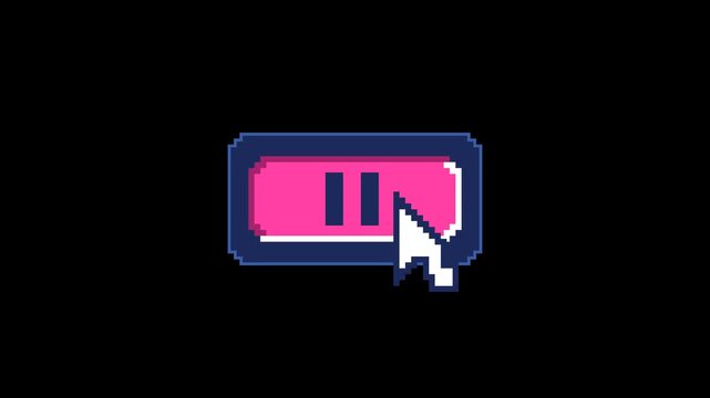 Y2K Pixel Art Play Pause Button Press with Cursor Click Cyan to Magenta Invert on Black Background for 4K Luma Key Screen Blend Overlay
