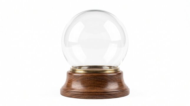 Empty Glass Snow Globe Mockup on Wooden Base Isolated on White