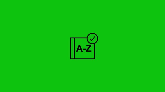 Animated book icon with A-Z text for education and vocabulary learning concept.Alphabetical book with check mark icon, dictionary symbol, language learning successful concept.4k video.