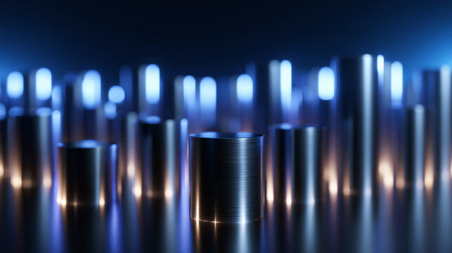 Metallic Podium with Futuristic Illuminated Cylinders Background