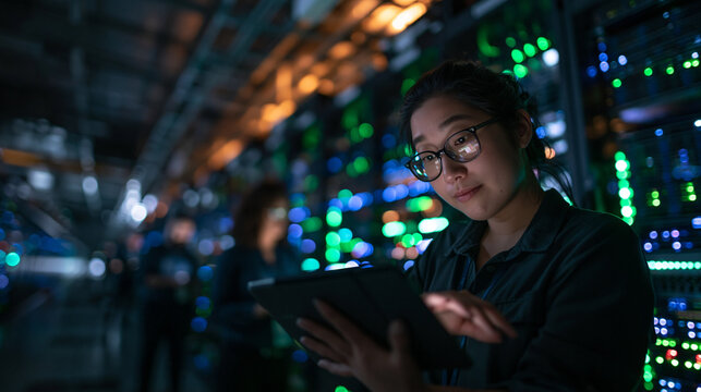 Female Engineer Using Tablet in Data Center Server Room