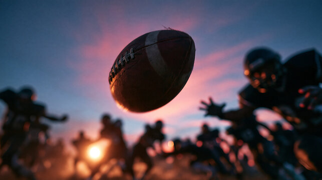 American Football in Midair During Intense Sunset Game