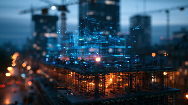 Digital Twin Hologram on Building Construction Site at Night