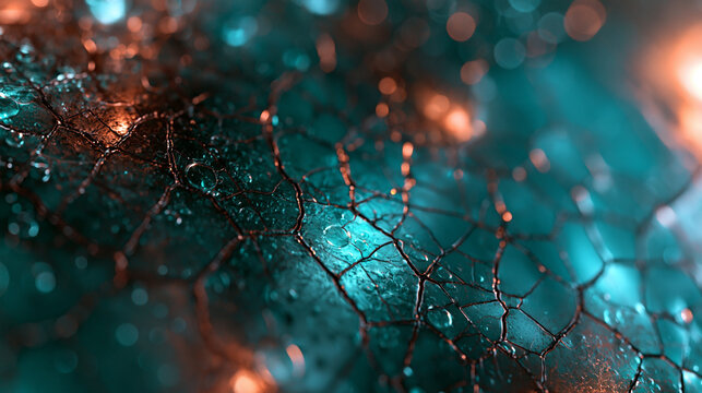 Futuristic Cracked Texture with Water Droplets and Glowing Bokeh