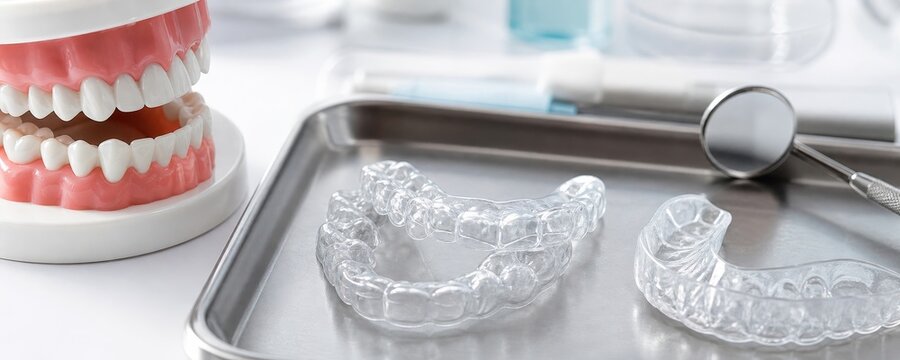 Clear dental aligners displayed with model teeth and tray on clean surface