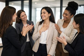 Obraz premium Four businesswomen clapping and celebrating in office or meeting room with smiles
