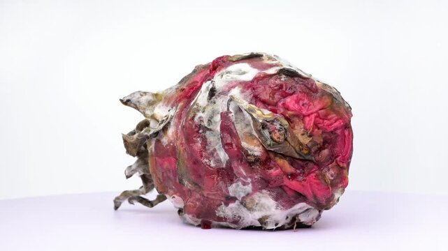 Rotting pitaya covered in white fuzzy mould rotating on white