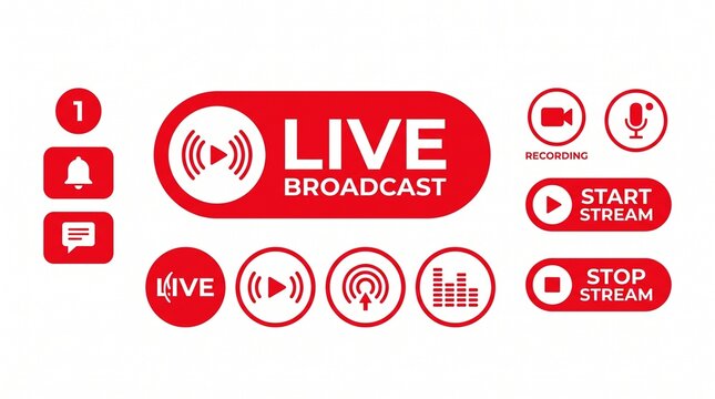 Red LIVE Broadcast Buttons and Streaming Signal Icons Set with Modern Minimal Vector Design