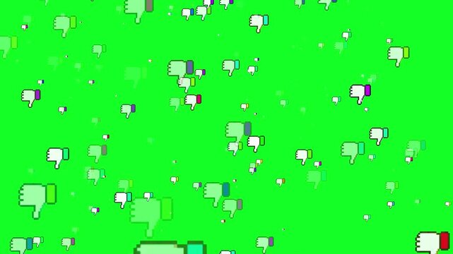 Pixel Art Thumbs Down Icons Floating On Chroma Key Green Screen Background, Retro Eight Bit Dislike Symbols Flying Across Screen Representing Negative Feedback And Disapproval In Social Media