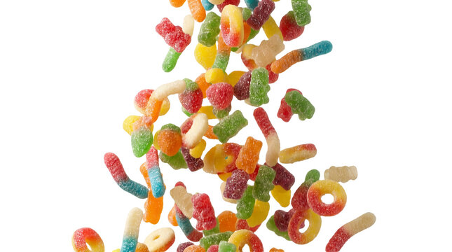 Colorful gummy candies suspended mid-air, delightful snack falling in a playful arrangement, sweet treat concept for marketing, isolated on transparent background