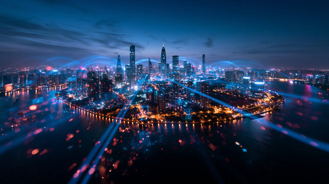 Smart City Connected with Digital Network Lines at Night