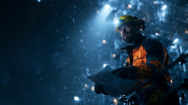 Industrial Engineer in Hard Hat Holding Blueprints at Night