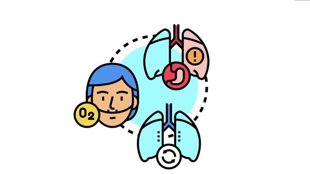 Person using oxygen supplementation with lungs displaying both healthy breathing processes and potential disease, respiratory treatment and care