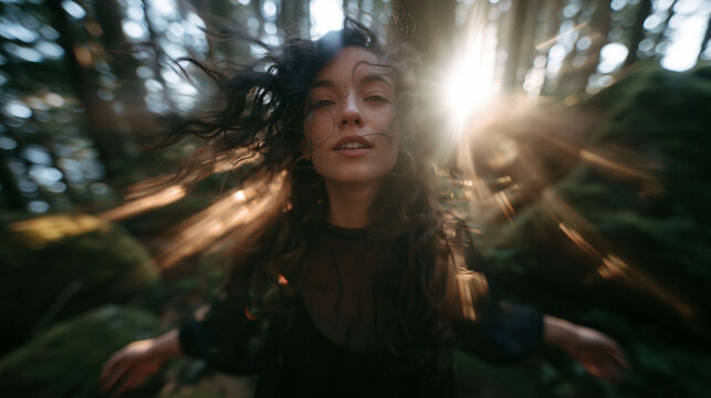 Free Spirited Young Woman in Sunny Forest