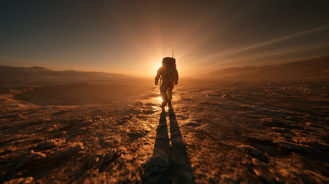 Astronaut Walking on Mars Surface During Sunrise