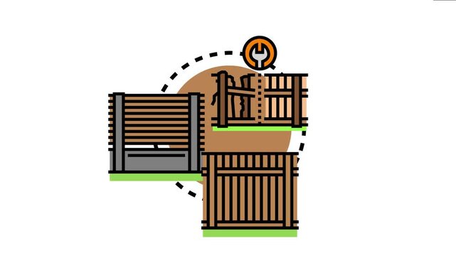 Fence installation process with various types of fencing, including wooden panel barriers and picket designs, outdoor perimeter reconstruction and repair work