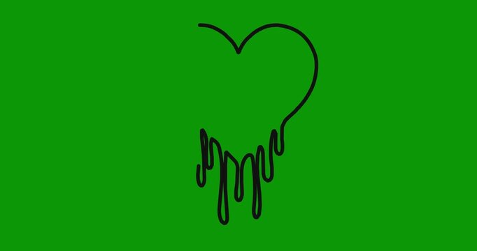 Melting heart outline animation with black dripping liquid effect on green screen chroma key background.