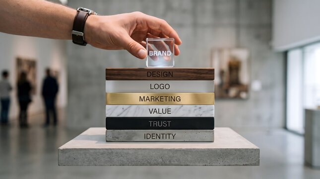 Hand placing transparent acrylic brand block on multi material pedestal symbolizing holistic brand strategy