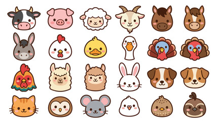 Fototapeta premium Collection of cute farm animal faces