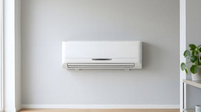 Clean minimalist white split system air conditioner unit mounted on light grey wall in a modern living room or office interior for climate control. 