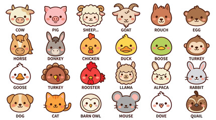Fototapeta premium Collection of cute farm animal faces