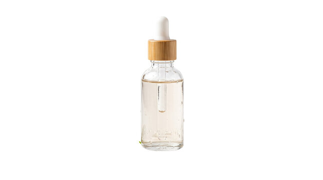 Clear glass dropper bottle with bamboo lid, organic facial oil serum container, natural skincare cosmetic packaging mockup isolated PNG with Transparent Background