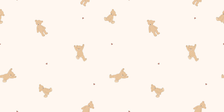 Cute Vintage Teddy Bear Seamless Vector Pattern on Beige Background, Classic Baby Nursery Design with Plush Toys for Kids Textile, Wallpaper and Fabric Print
