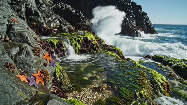 Vibrant starfish and a crab inhabit a tide pool on a rocky coastline with crashing ocean waves and green algae.