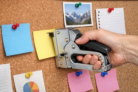 A hand holds a stapler over a cork board, ready to bind papers