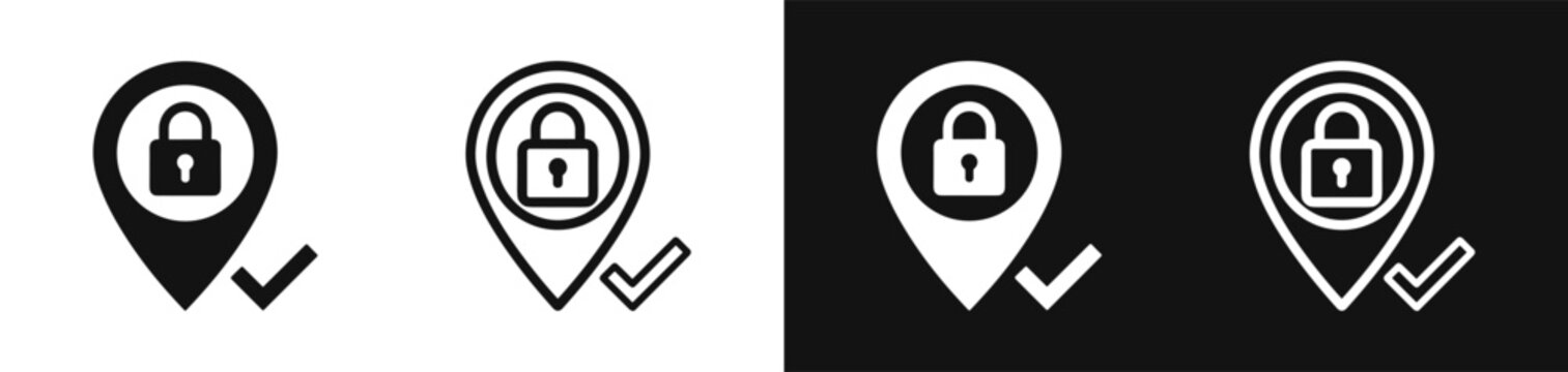 Secure location pin with padlock and checkmark vector navigation icon