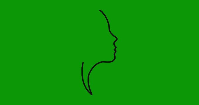 Minimalist line art drawing of female profile face silhouette motion on green screen background clip.